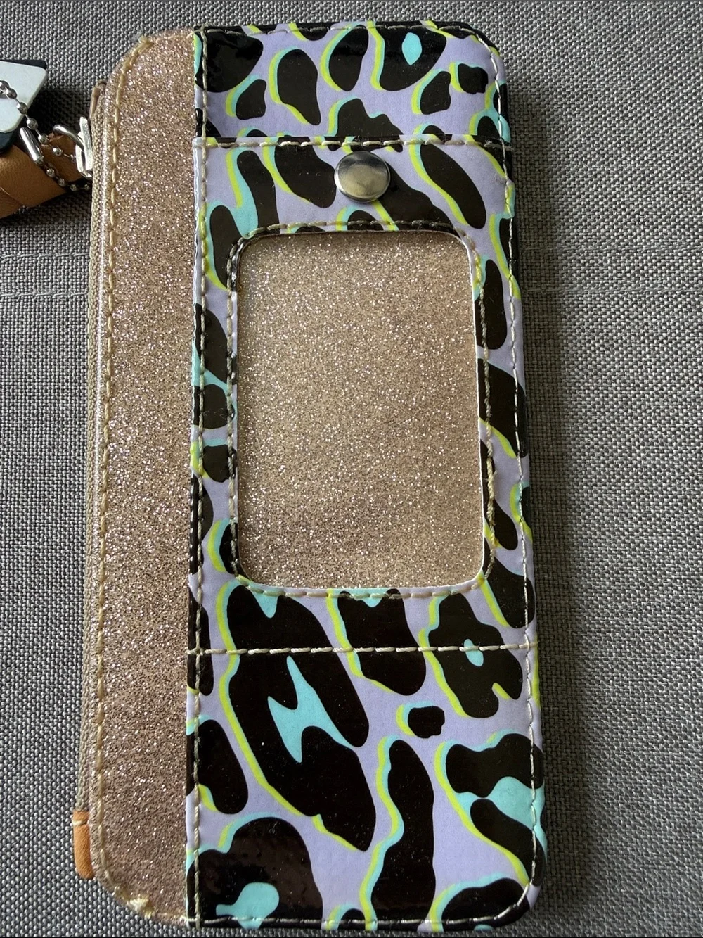 Consuela Lavender Leopard Glitter Card Phone Wallet with Tan Strap